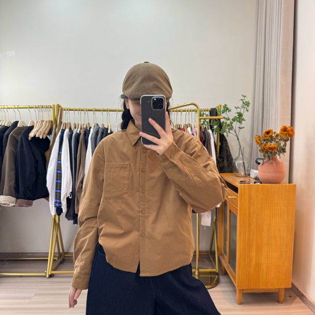 秋冬宽松显瘦百搭纯色夹棉衬衫
