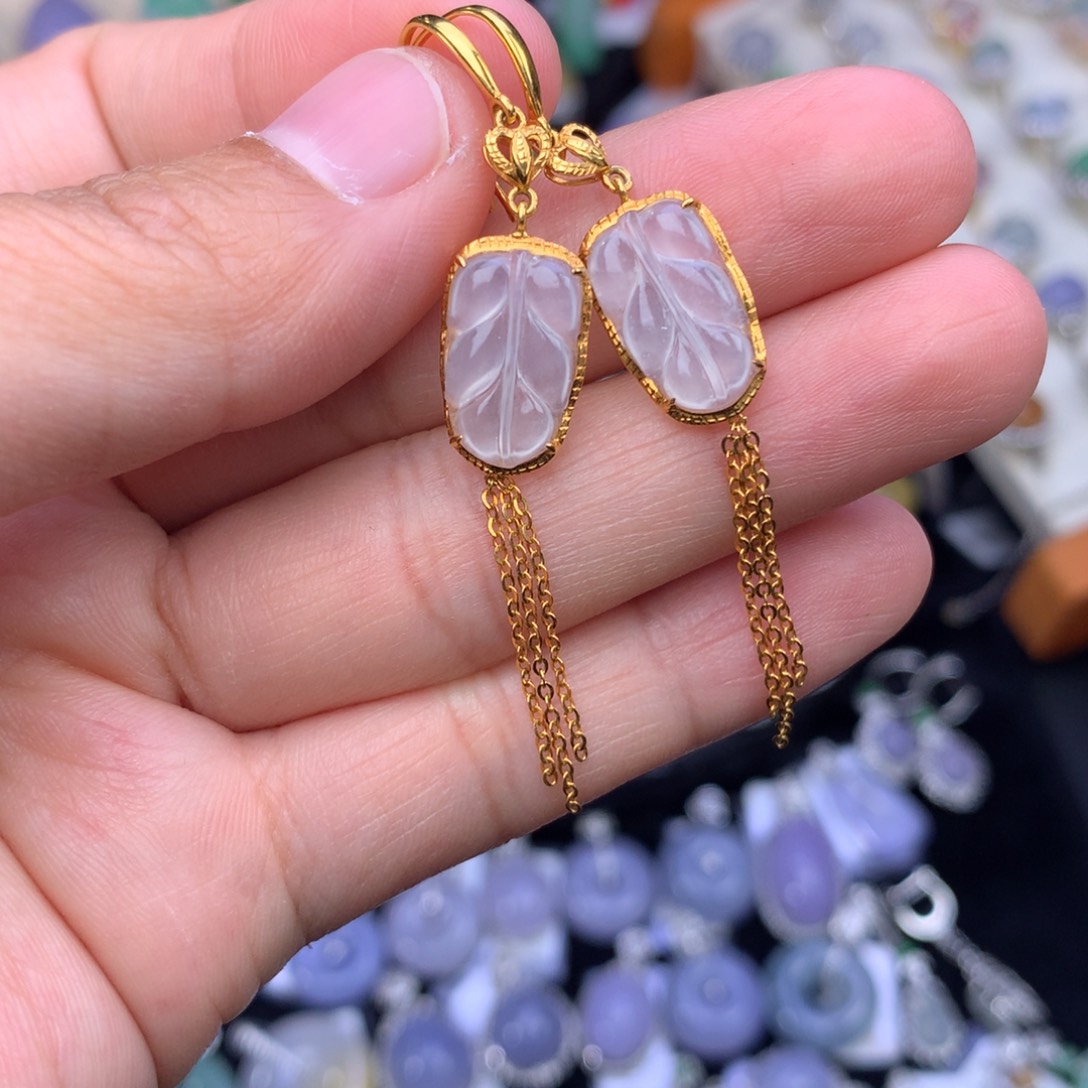 翡翠耳饰18K金镶嵌树叶耳勾