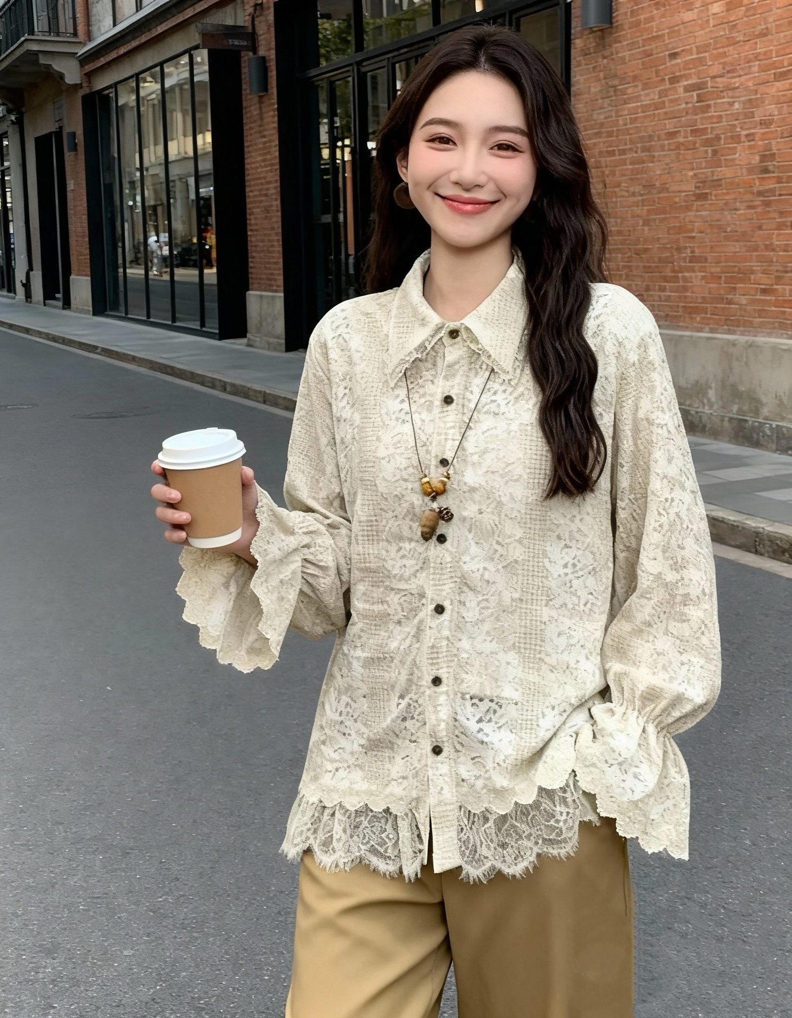 上衣秋冬新款设计感时尚宽松百搭拼接蕾丝单穿内搭中长款衬衫女