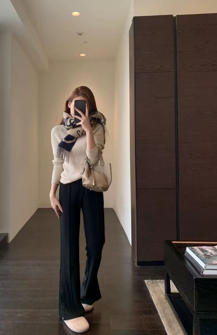 8618 【XY】【不加绒】高腰黑色九分开叉腿精裤  C8