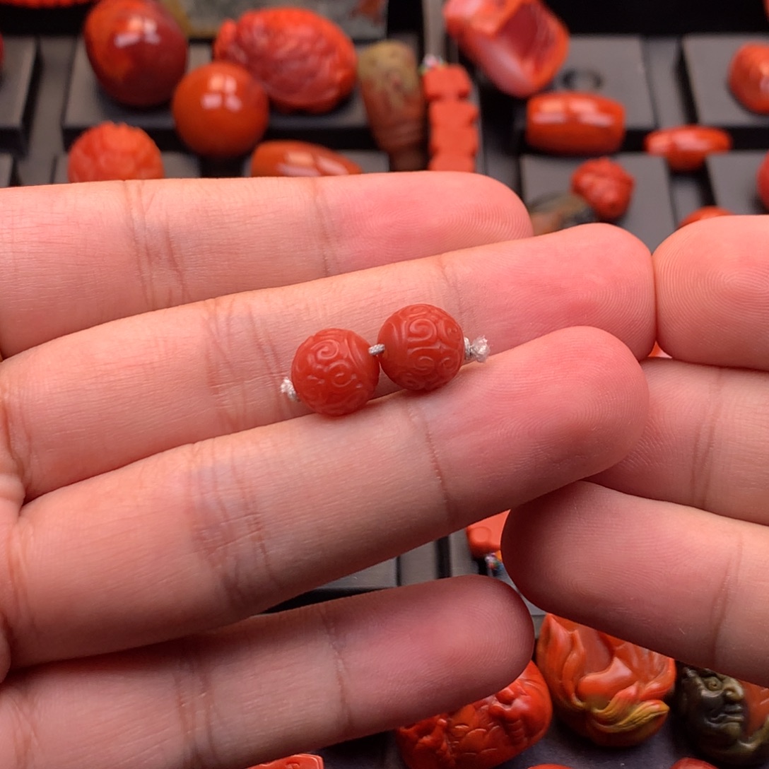 南红玛瑙未镶嵌精工回纹圆珠腰珠对珠9.5mm