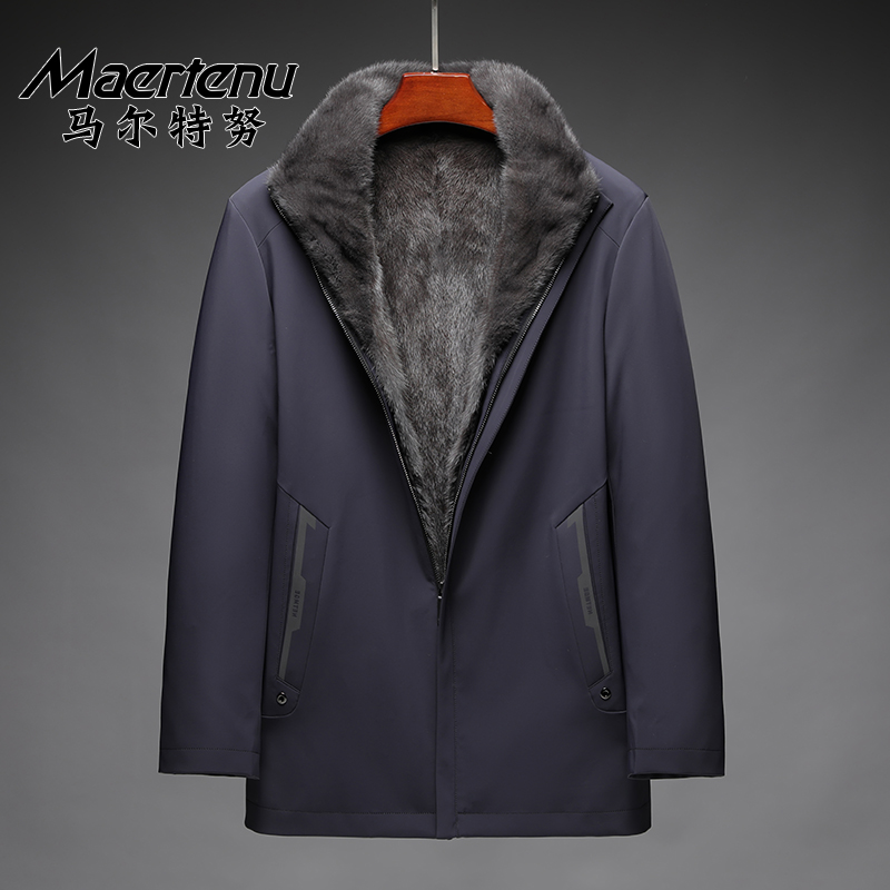 简约水貂派克服男整皮貂皮内胆冬保暖防风外套可拆卸内胆铁灰貂皮
