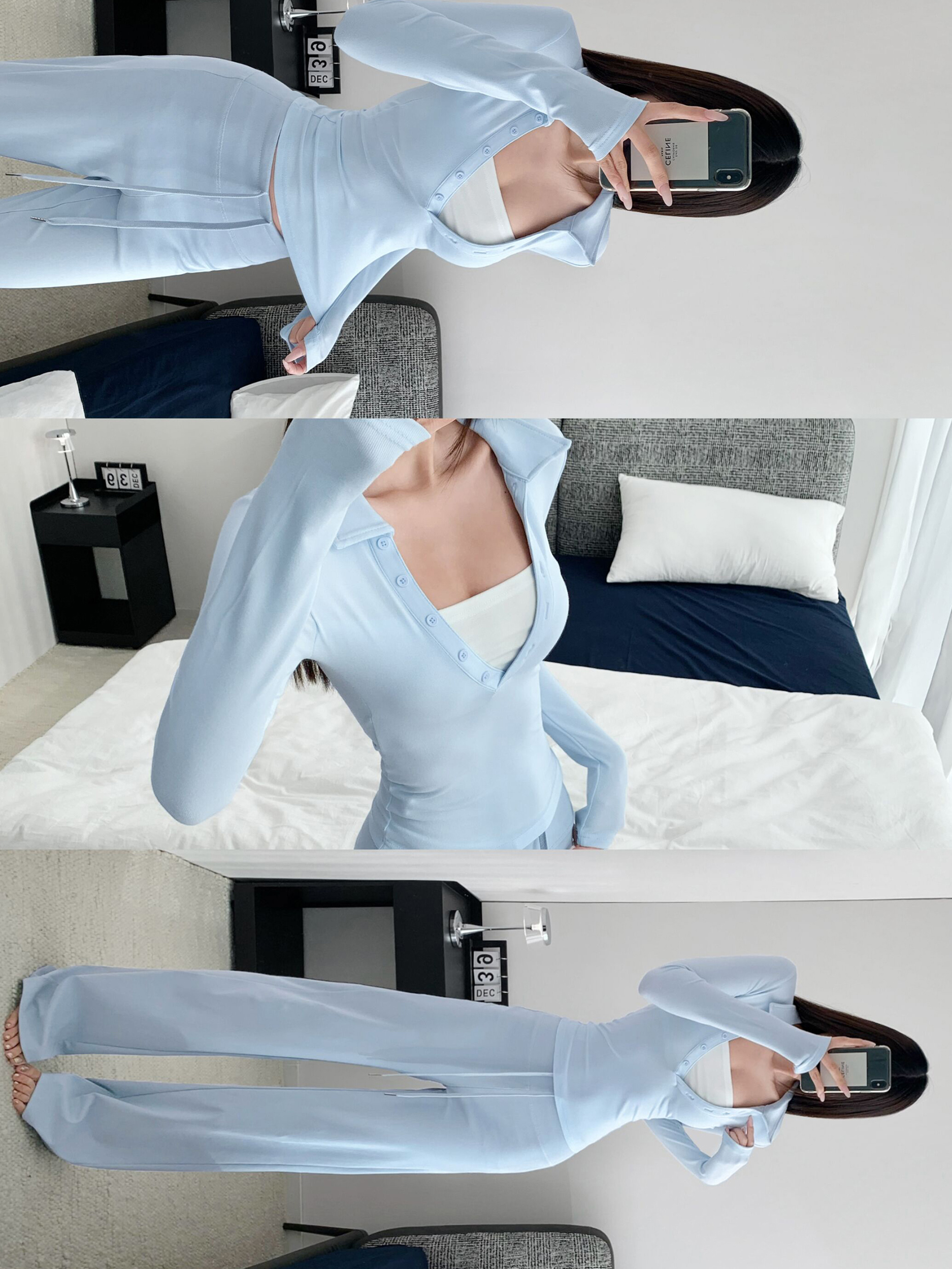 张紫一高个子假两件撞色polo深V领长袖T恤