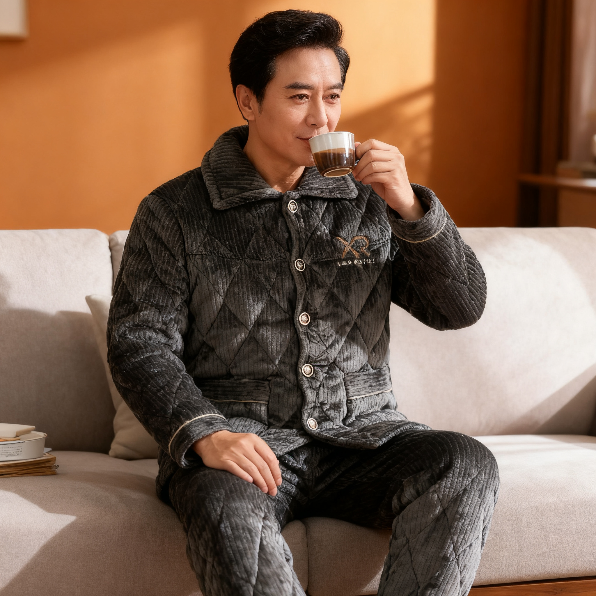 冬季男士三层夹棉加厚特厚牛奶绒家居服睡衣保暖防寒2025