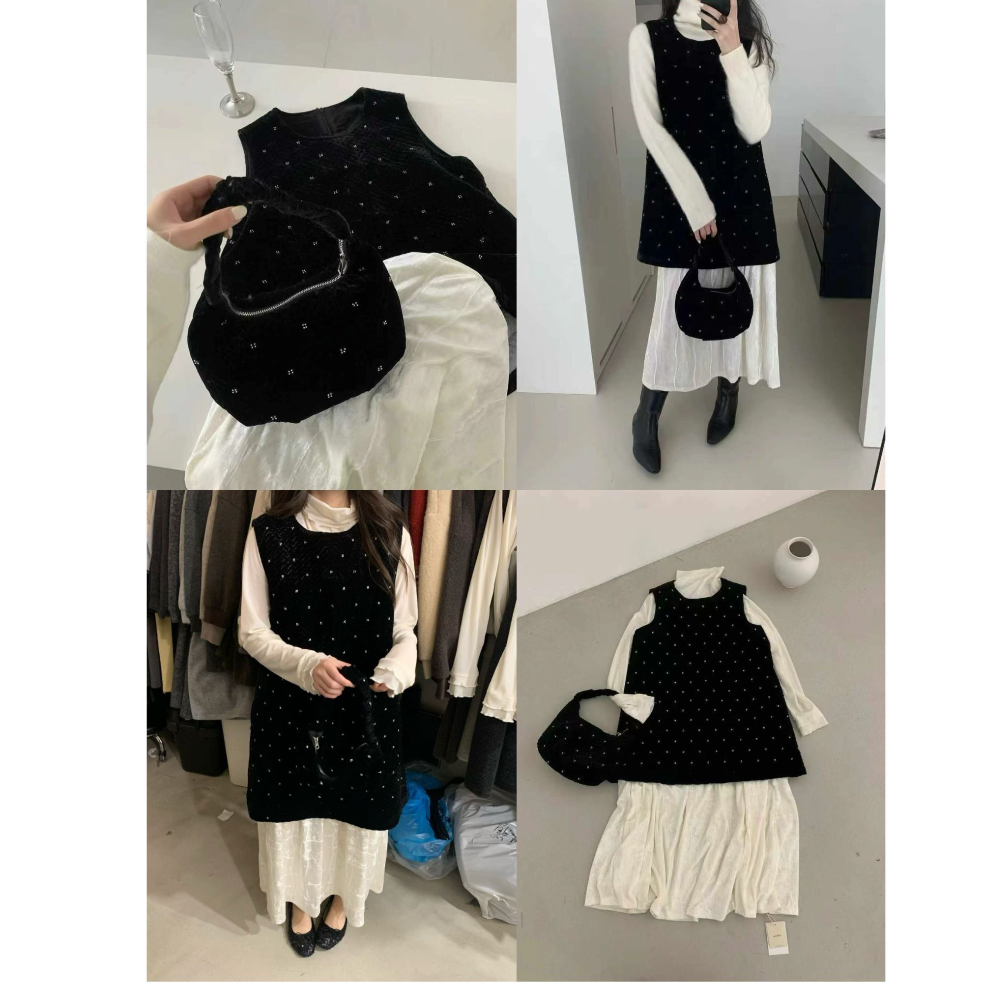 【古古】定钻高定系列冬季双色拼接韩系丝绒温柔气质连衣裙 G625678