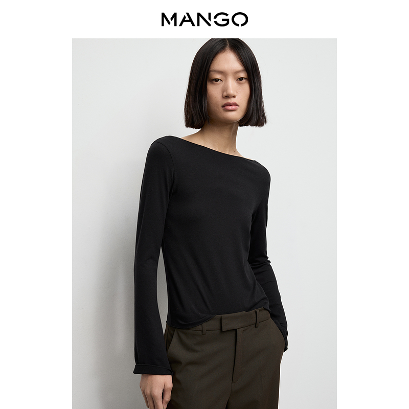 MANGO女装T恤2025冬装新款通勤百搭简约内搭修身喇叭袖船型领T恤