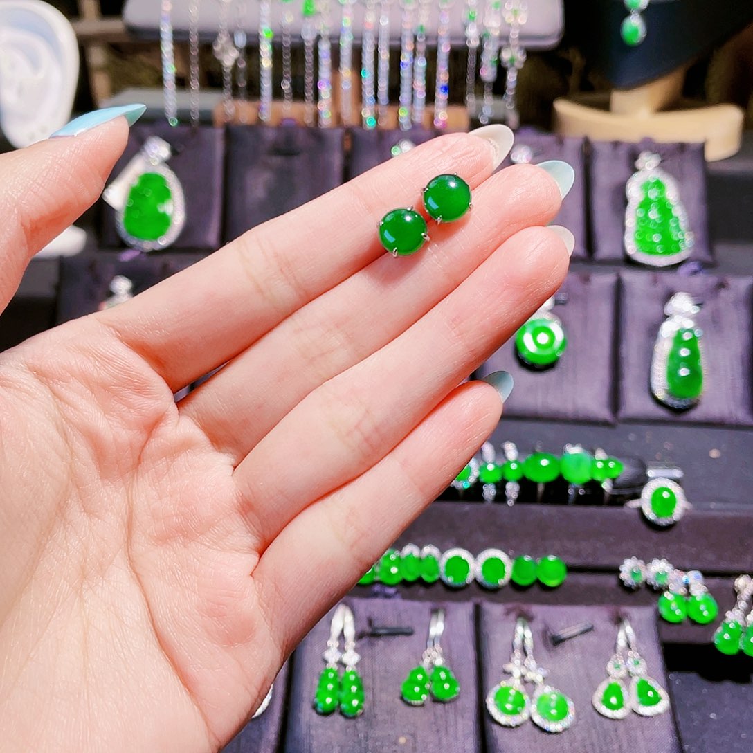 名***升翡翠银S925镶嵌耳饰耳钉