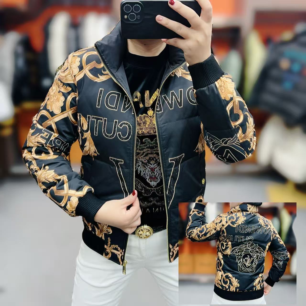 男士冬季新款时尚潮流立领提花修身百搭羽绒服