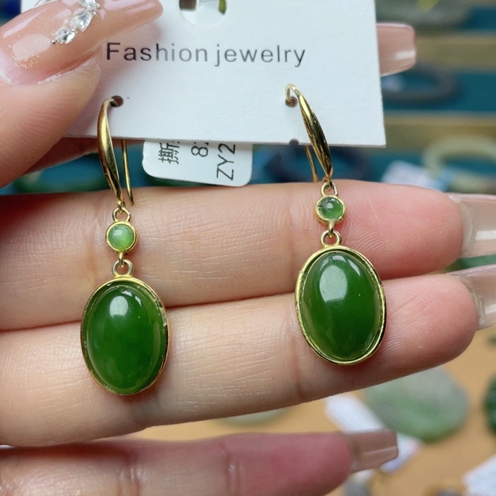 和田玉耳钉银S925镶嵌