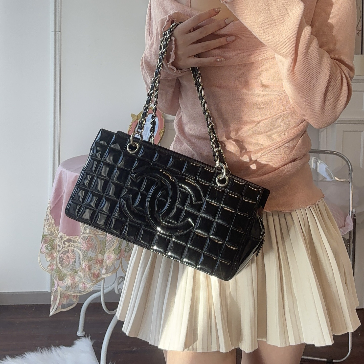 95新 Chanel/香奈儿 黑色荔枝纹漆皮菱格纹GST托特单肩包