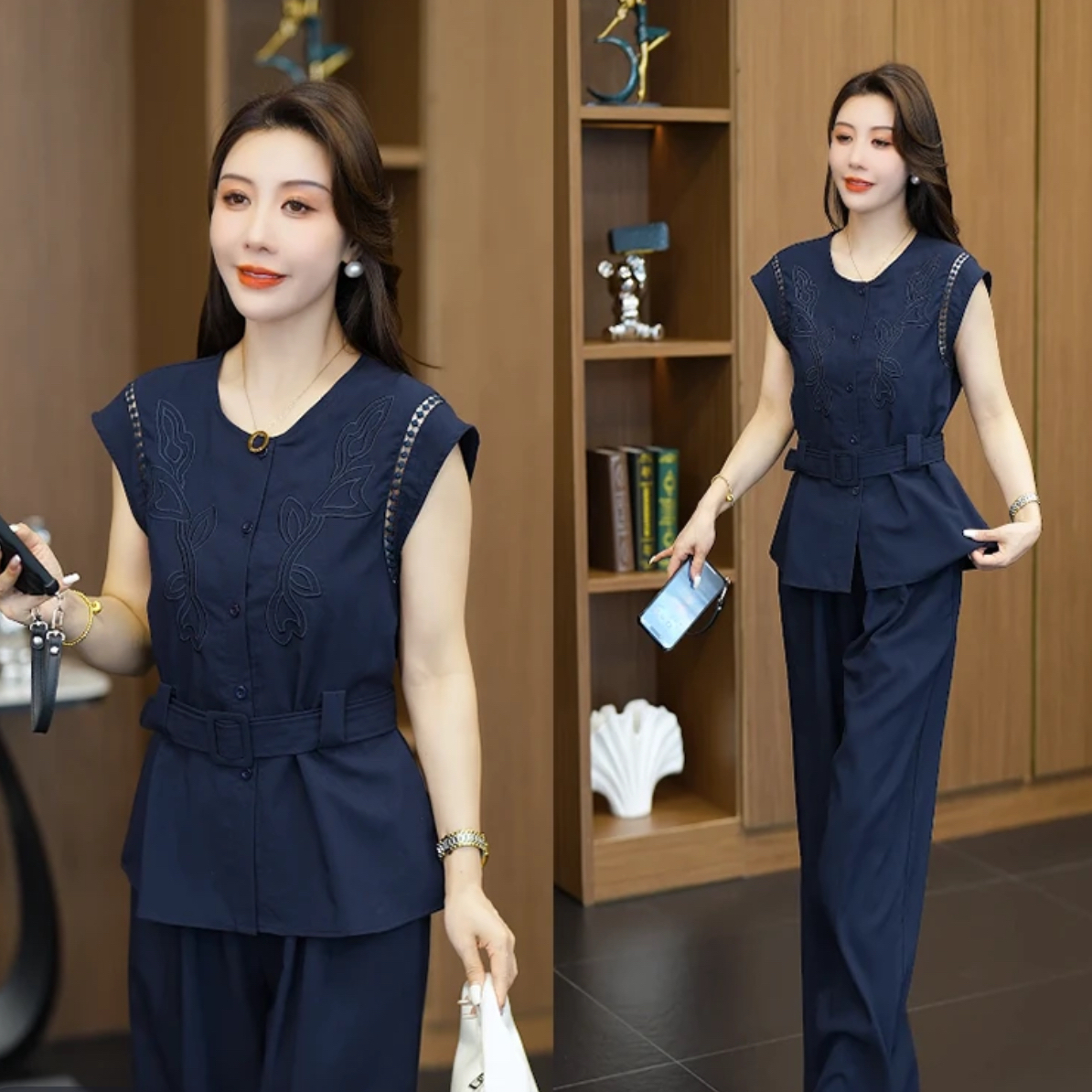 9182#【衣长62裤长98】森系时尚减龄女装上衣搭配显瘦阔腿裤套装