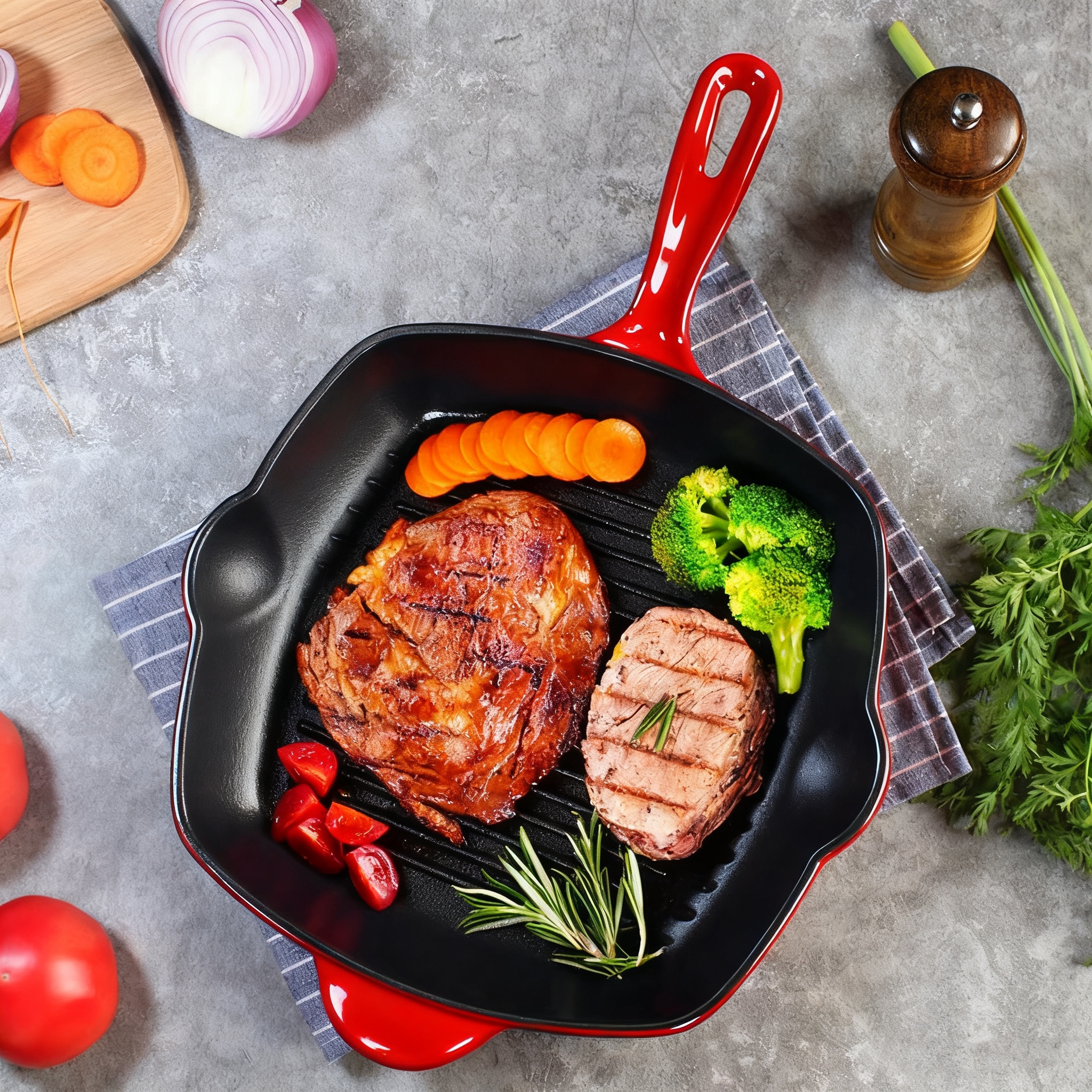 珐琅锅铸铁锅方形浅煎锅红黑色