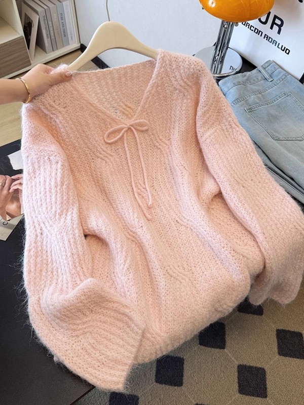 早秋韩系氛围感穿搭蝴蝶结v领毛衣女宽松慵懒风巨好看针织衫上衣