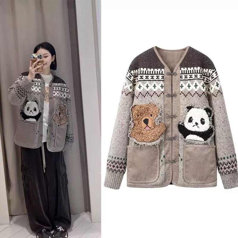 【熊猫棉服】设计感提花拼接两面穿V领宽松显瘦洋气棉衣棉服外套女