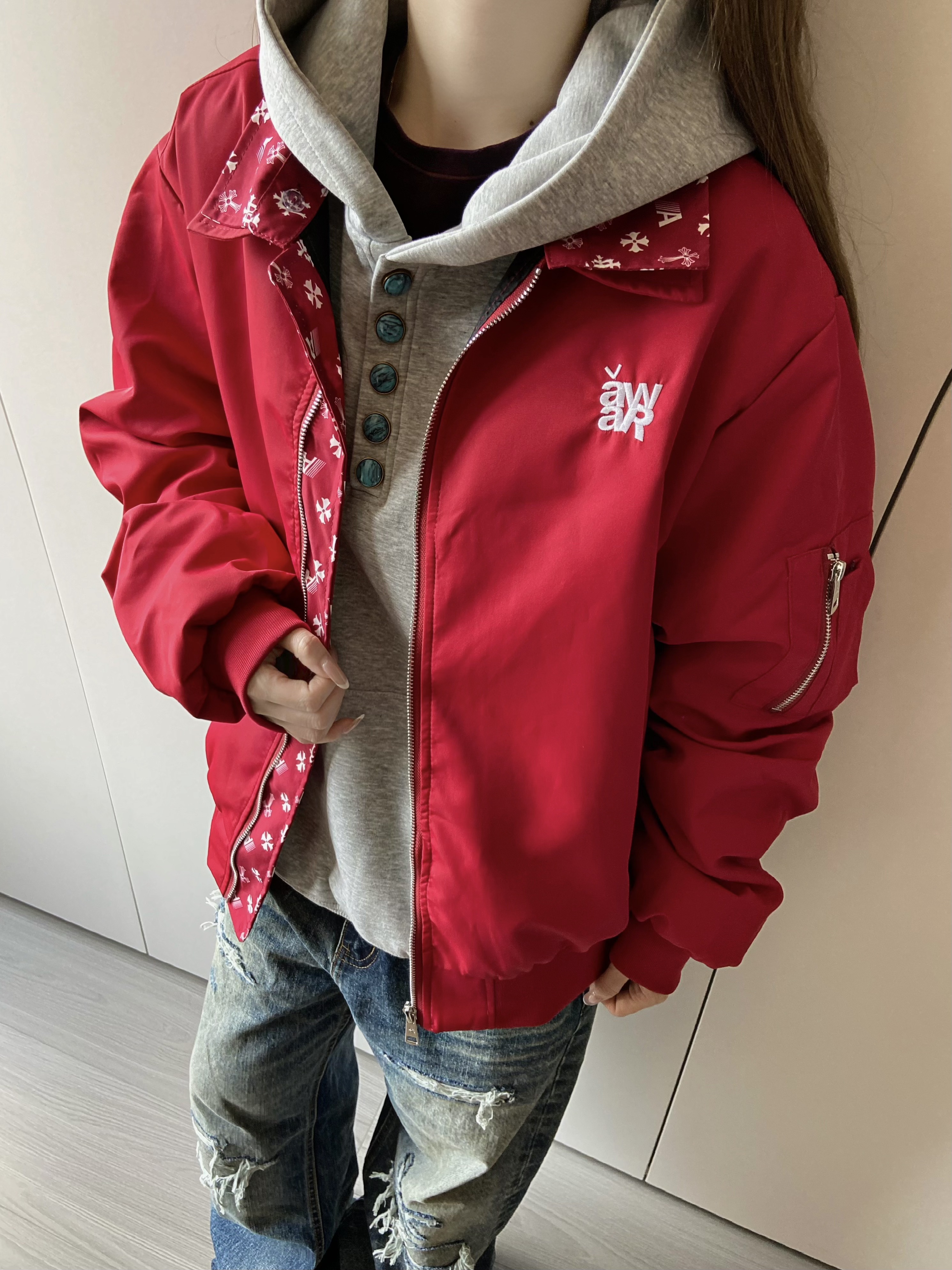 ATKFY美式复古字母印花拼接翻领夹克男女秋冬简约宽松百搭外套ins