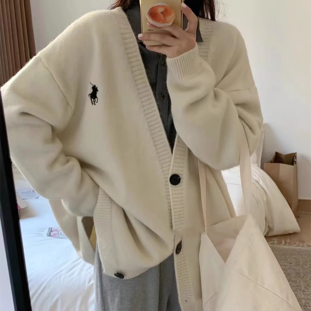 慵懒风毛衣外套女春秋新款V领宽松外穿设计感百搭针织开衫