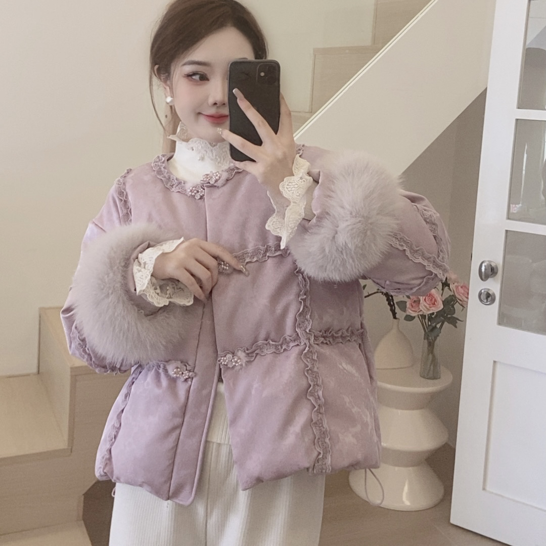 ｛琥珀琉璃｝新中式国风重工提花木耳花边狐狸毛高级感外套