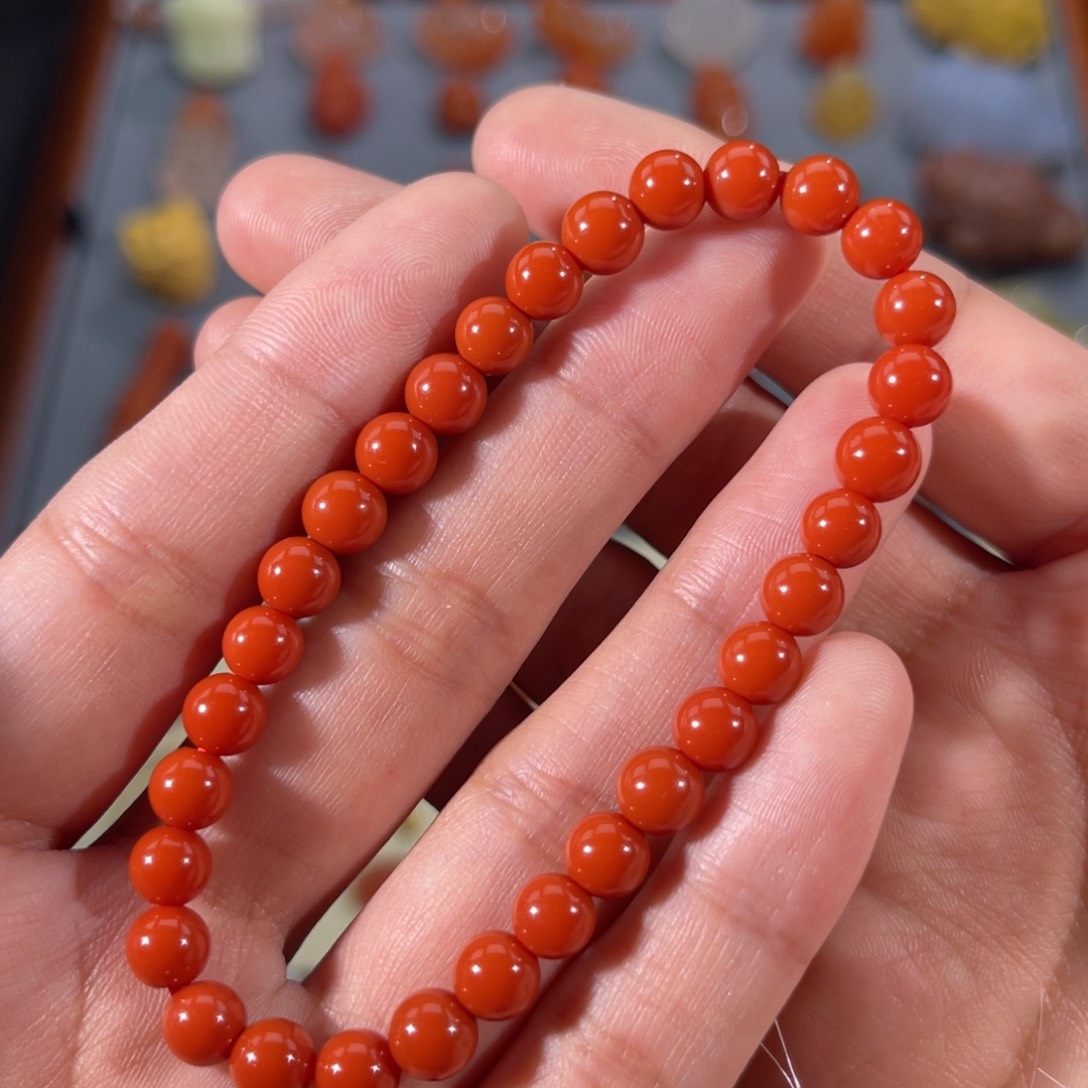 南红玛瑙老南红满色爆肉圆珠手串6.4左右未镶嵌