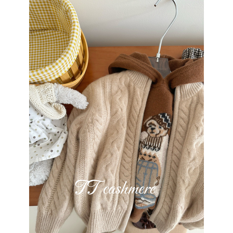 TT cashmere亲子装山羊绒加厚麻花复古拉链羊绒毛衣卡通连帽上衣