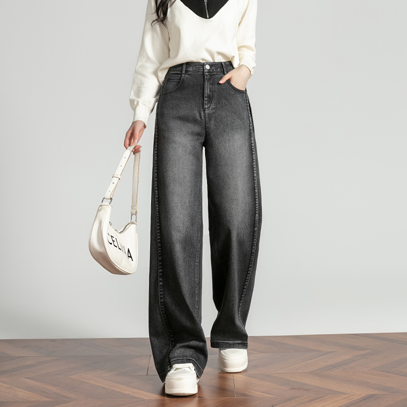 秋季新款美式高街女牛仔裤线条立体设计阔腿裤高腰显瘦宽松休闲裤