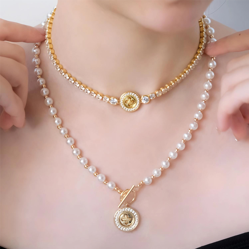 合金珐琅项链 合金女珐琅原创设计首饰叠戴小香风珠宝法式金色