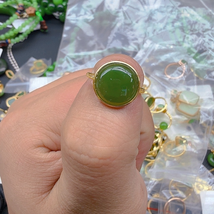 和田玉（碧玉）戒指银S925镀金镶嵌