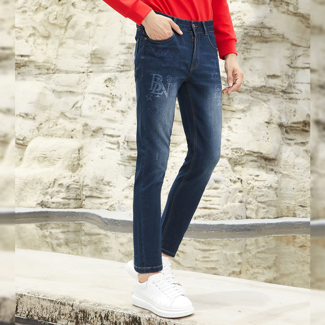 宾奴男装印花牛仔裤9分裤男士