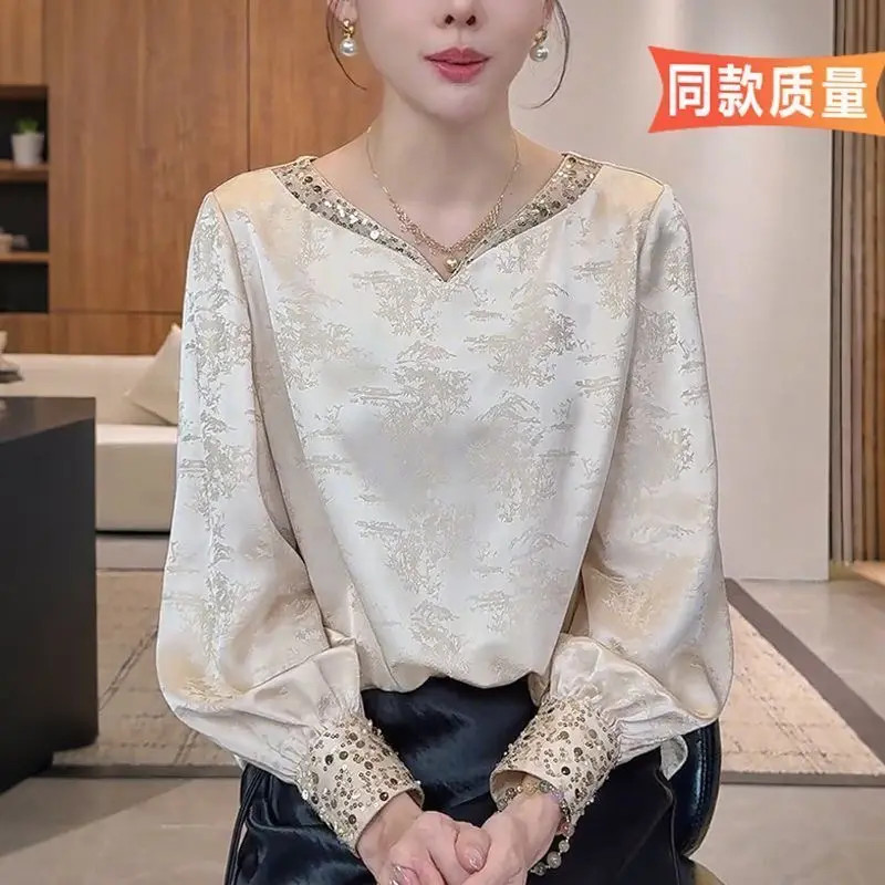 新中式提花长袖衬衫女士秋季新款国风设计感亮片v领衬衣小衫