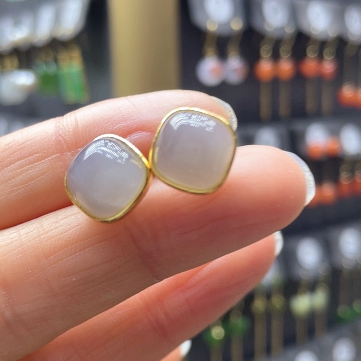 和田玉耳饰银S925镀金镶嵌