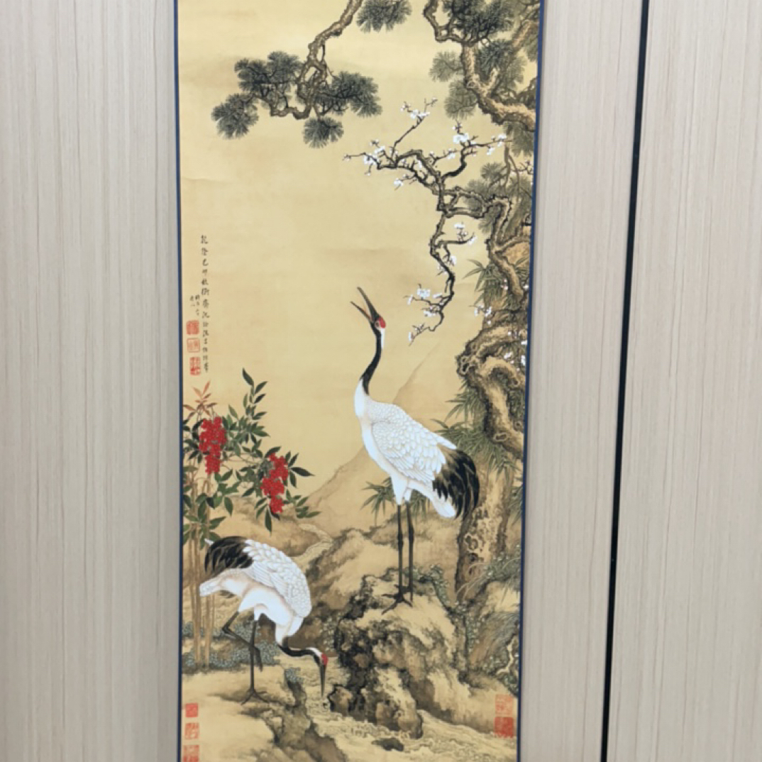 《松梅双鹤图》竖幅花鸟复古画玄关客厅书房茶室挂画