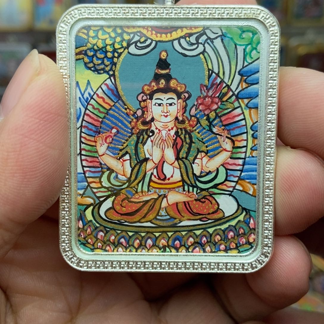 吊坠纯手绘四臂观音福利卡