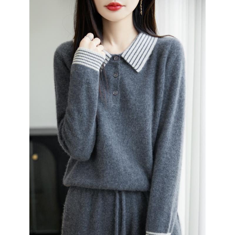 羊毛条纹翻领长袖百搭秋冬针织衫D271