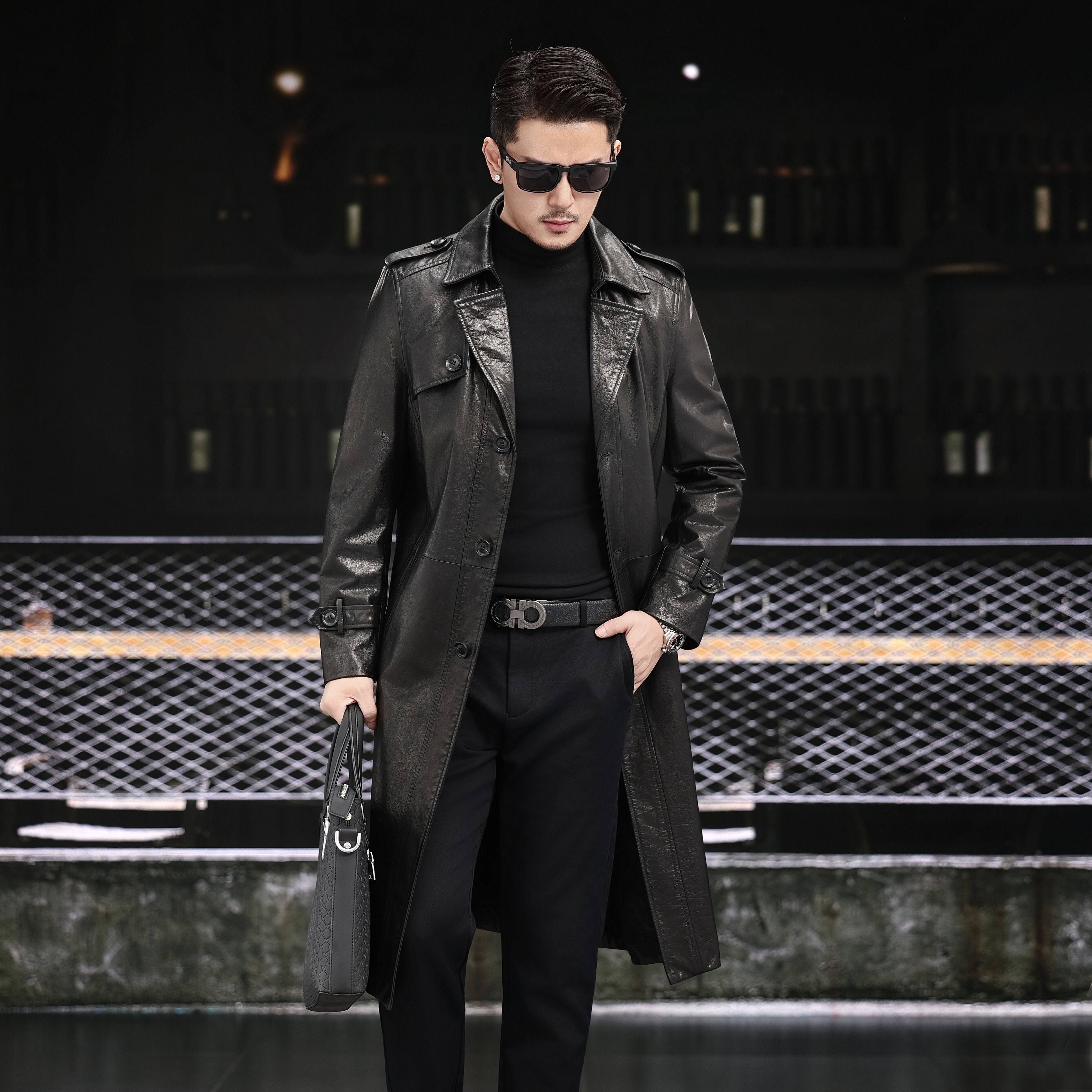 秋季新款海宁休闲真皮男士头层牛皮油蜡工艺高级气质修身长风衣