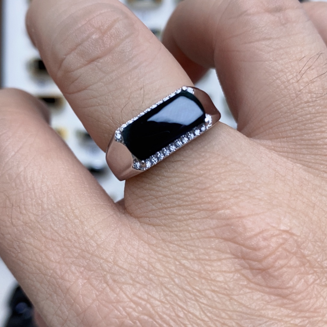 翡翠银S925镶嵌戒指墨翠戒指