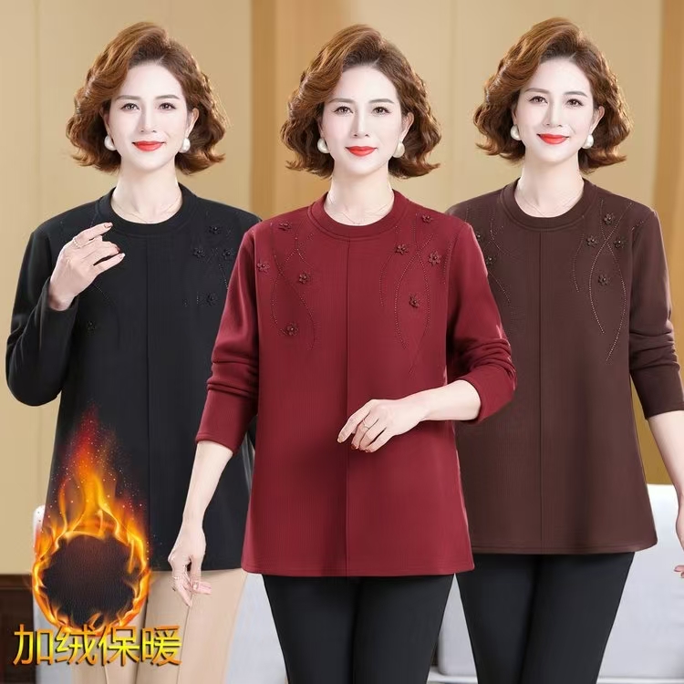 气质大码洋气妈妈装长袖中年宽松加绒秋冬加厚保暖打底衫