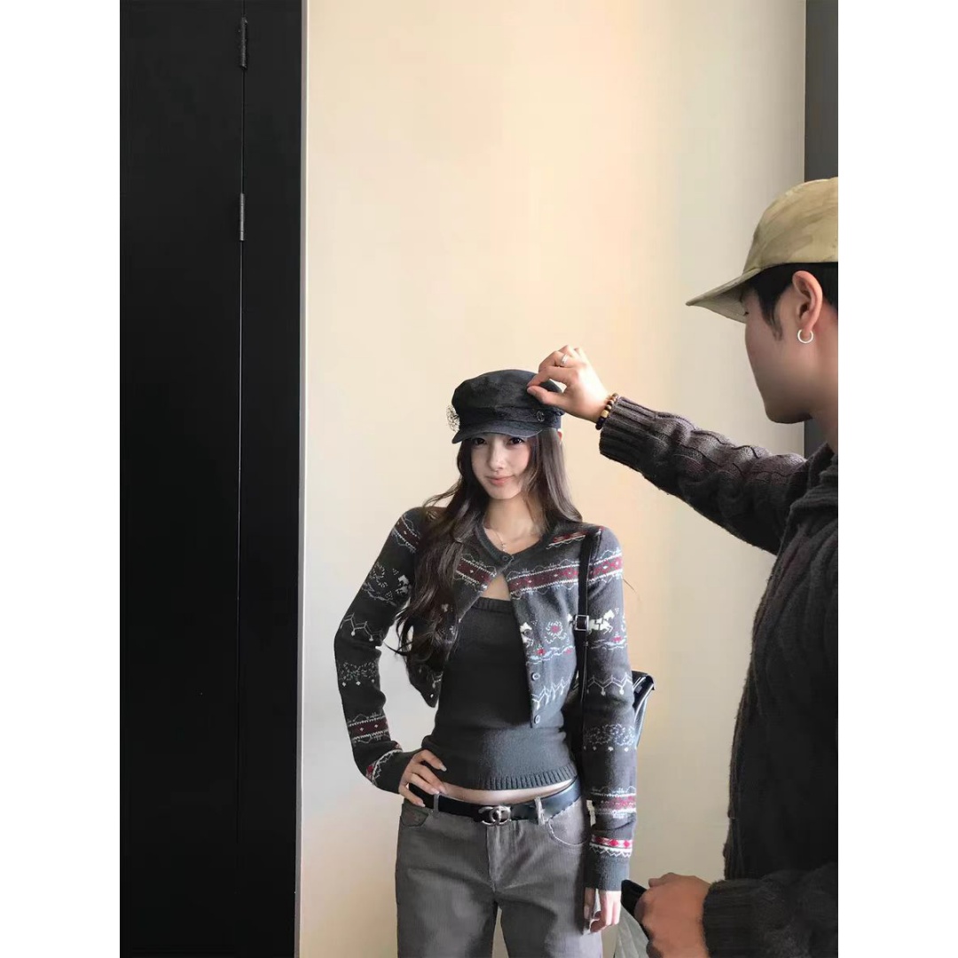 【费尔岛游记】针织提花费尔岛上衣吊带两件套女23783#