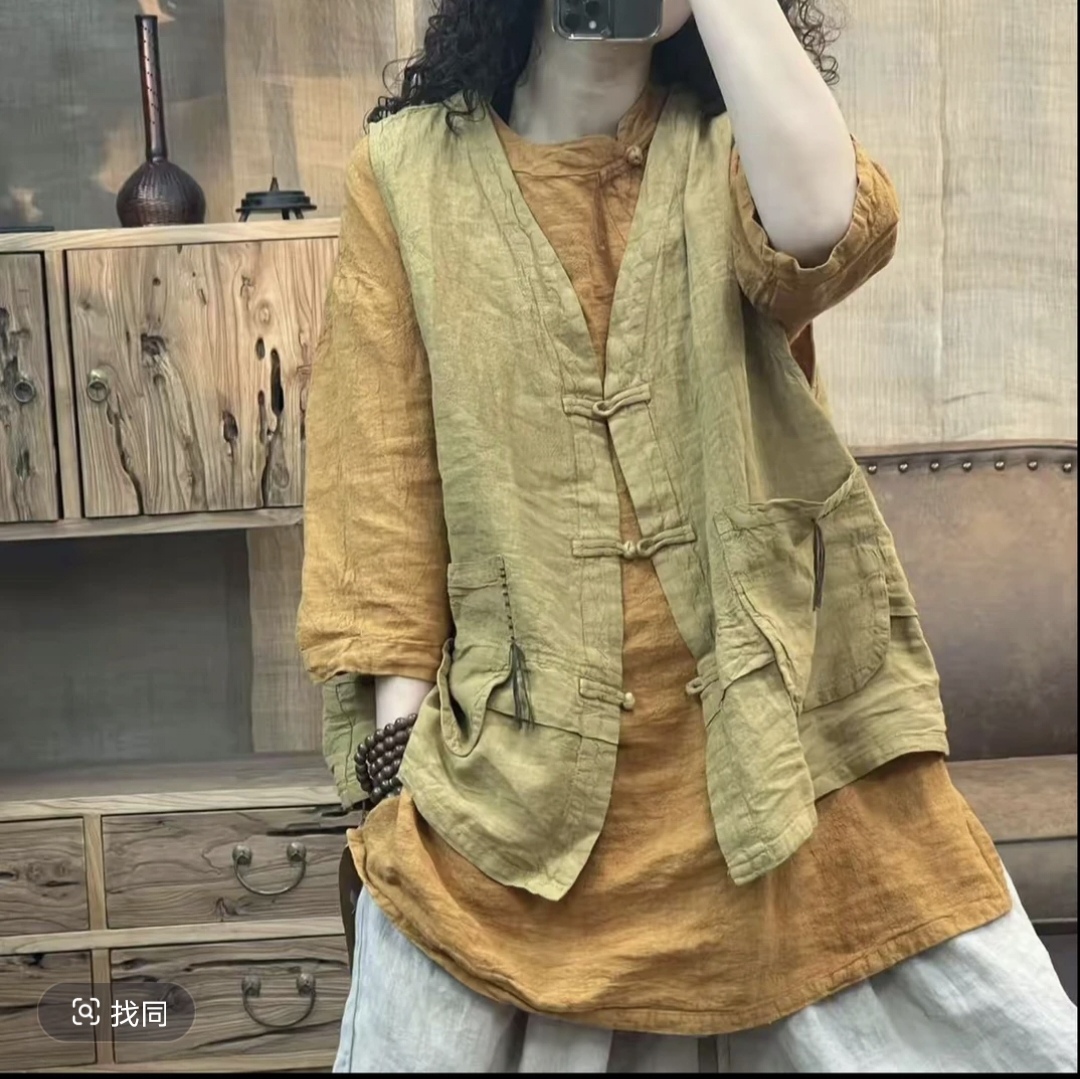 亚麻炒色明线口袋复古盘扣休闲马夹(长63胸围130)