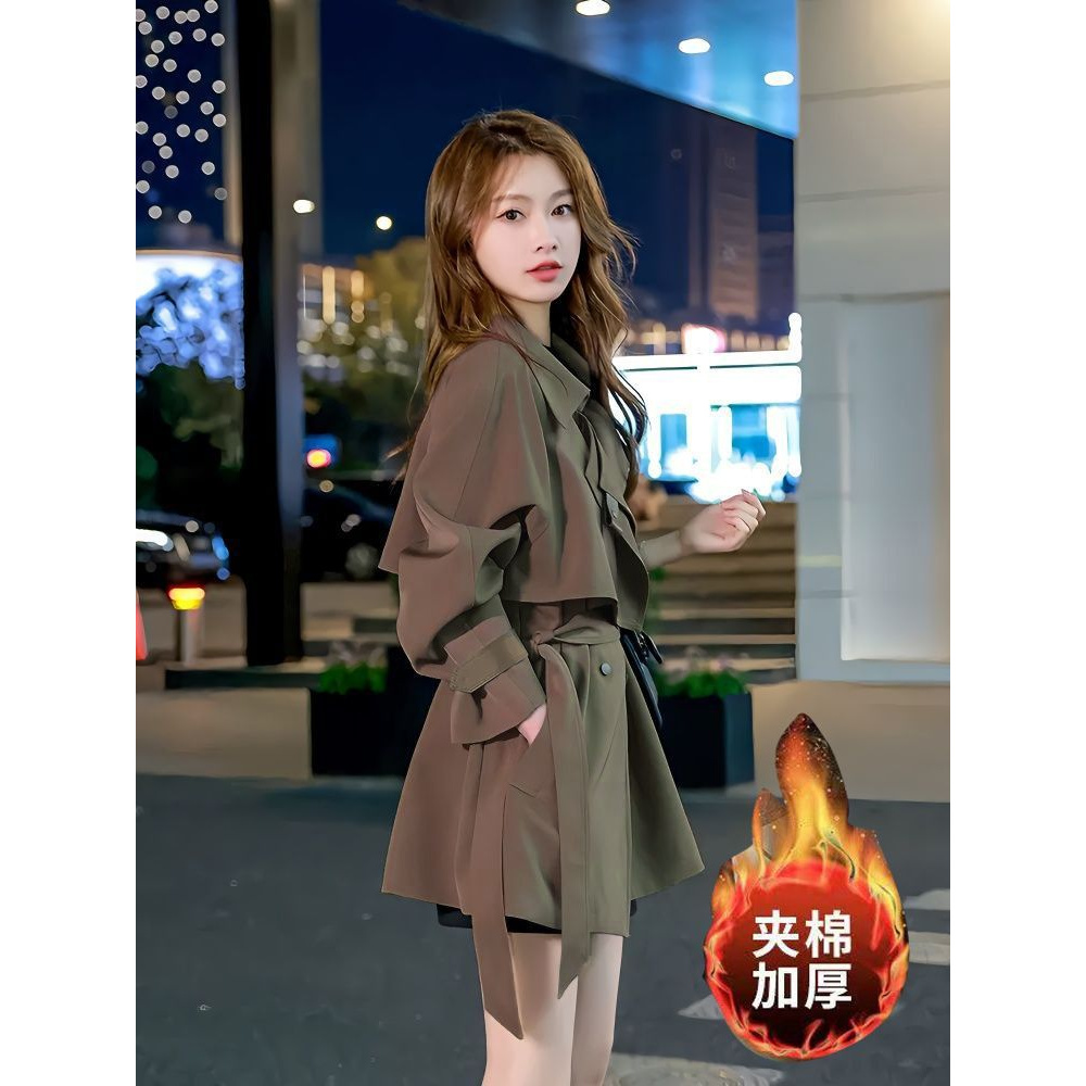 秋冬新款加厚外套女中长款H型风衣简约设计感系带大衣长袖纯色涤