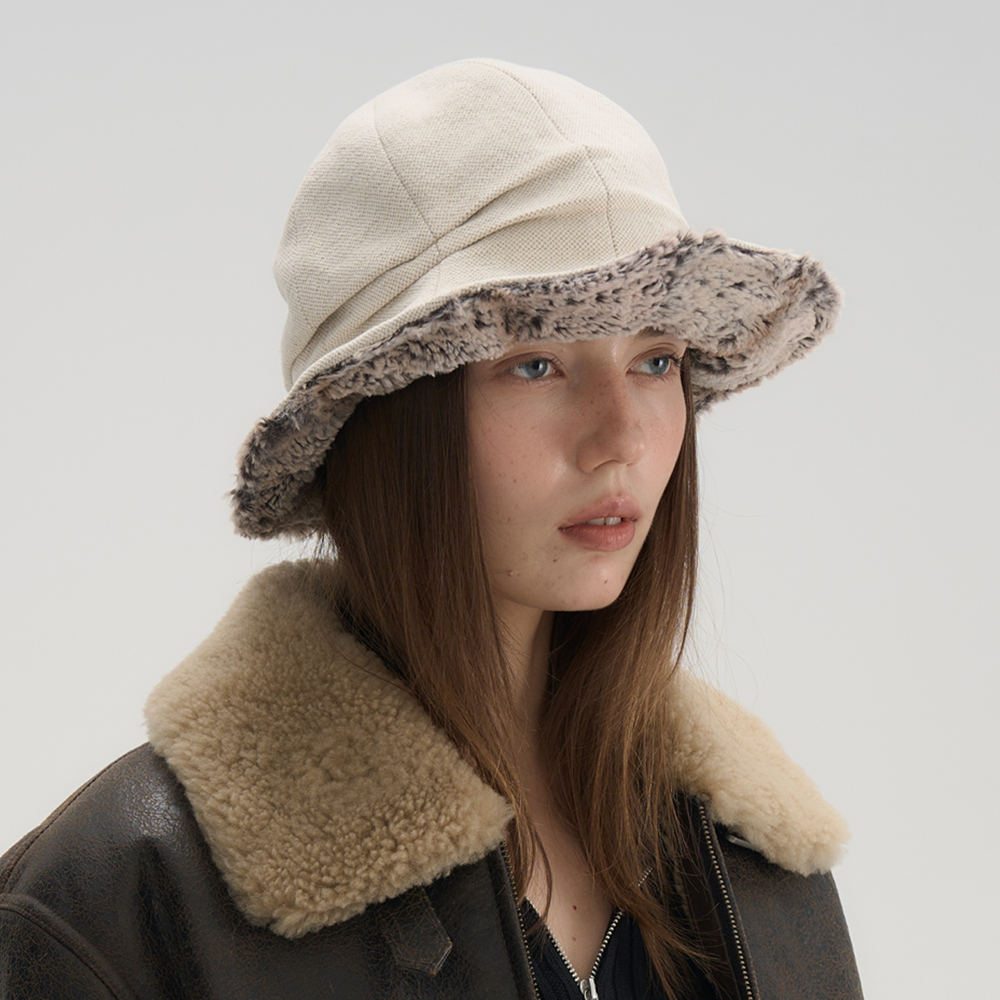 JOJOKUR小众爆款体质灰绒米白渔夫帽不对称毛边造型高辨识度秋冬