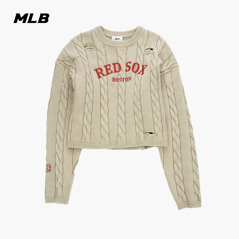 MLB官方 女款时尚复古绞花毛衣短款针织圆领套衫25秋季新款KPV03