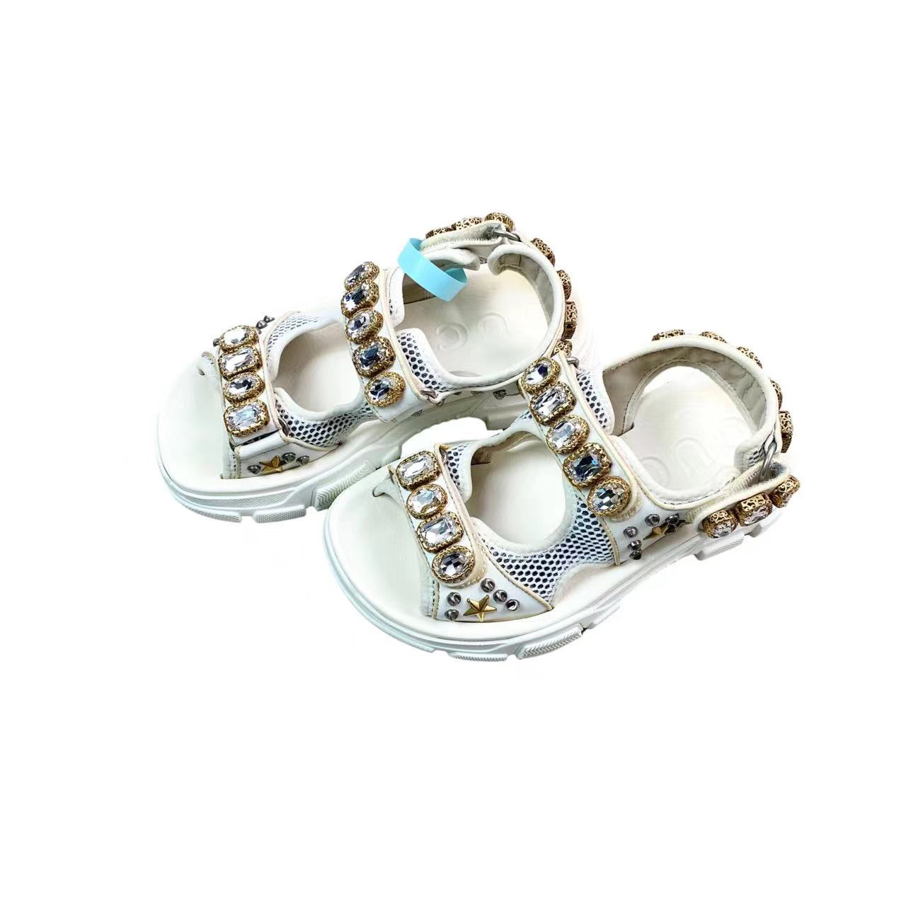 95新 GUCCI/古驰 yy379 白色钻扣厚底魔术贴凉鞋 37码微污