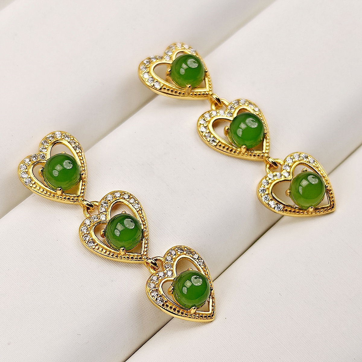 S925银碧玉爱心耳钉耳坠精美国风耳饰