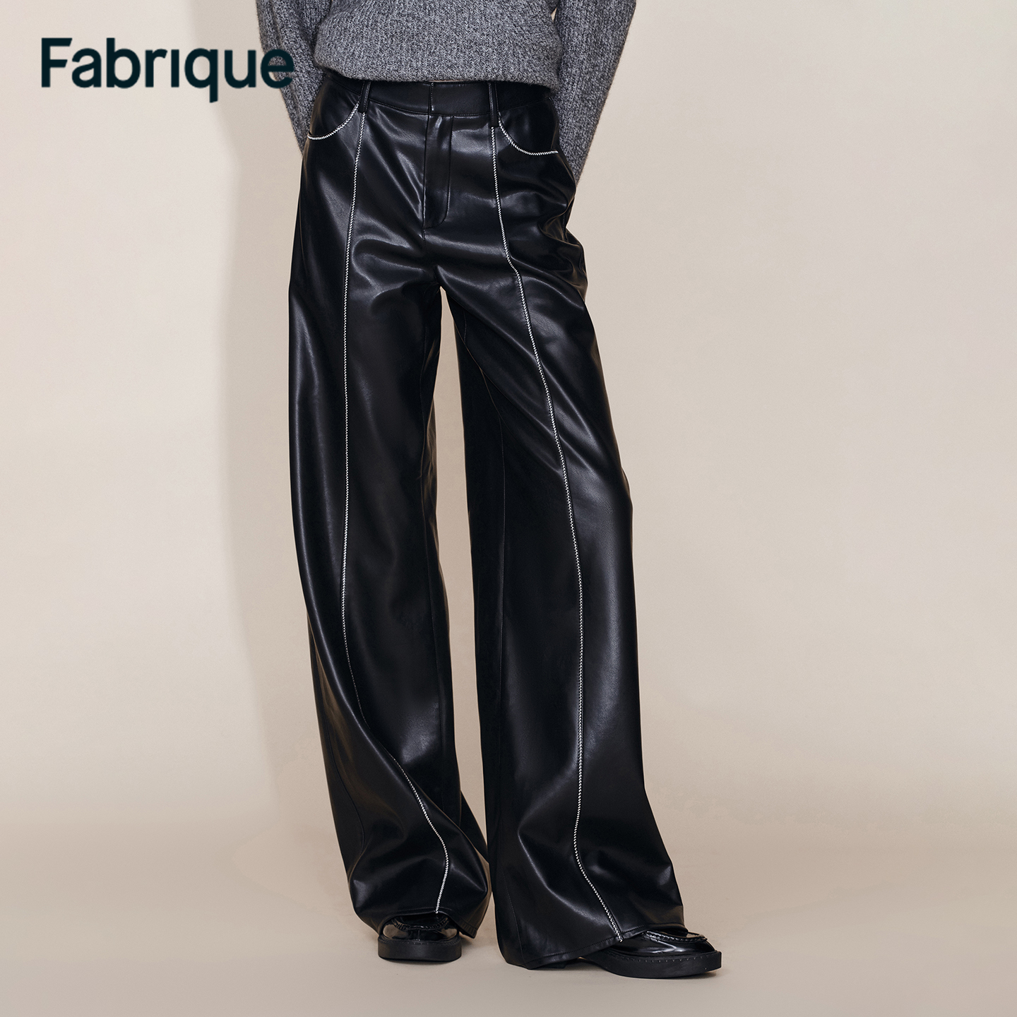Fabrique Iris 秋冬新品奶油感环保皮休闲静奢风明线刺绣阔腿皮裤