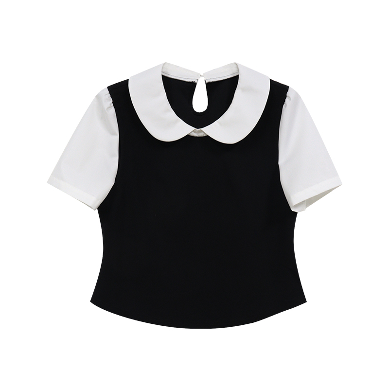 【初恋日记】蛋妹大码女装微胖mm夏季假两件撞色T恤上衣DM26525