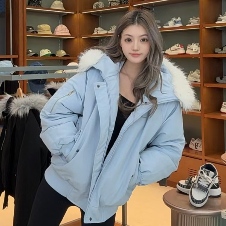 2025冬季新款连帽毛领棉服女宽松保暖纯色棉衣外套通勤风