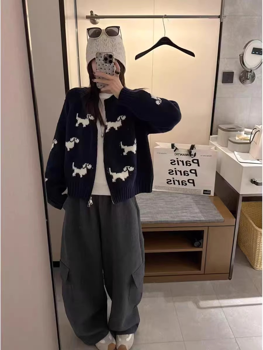 韩系小狗图案双拉链毛衣外套女秋冬巨好看慵懒高级感复古针织开衫