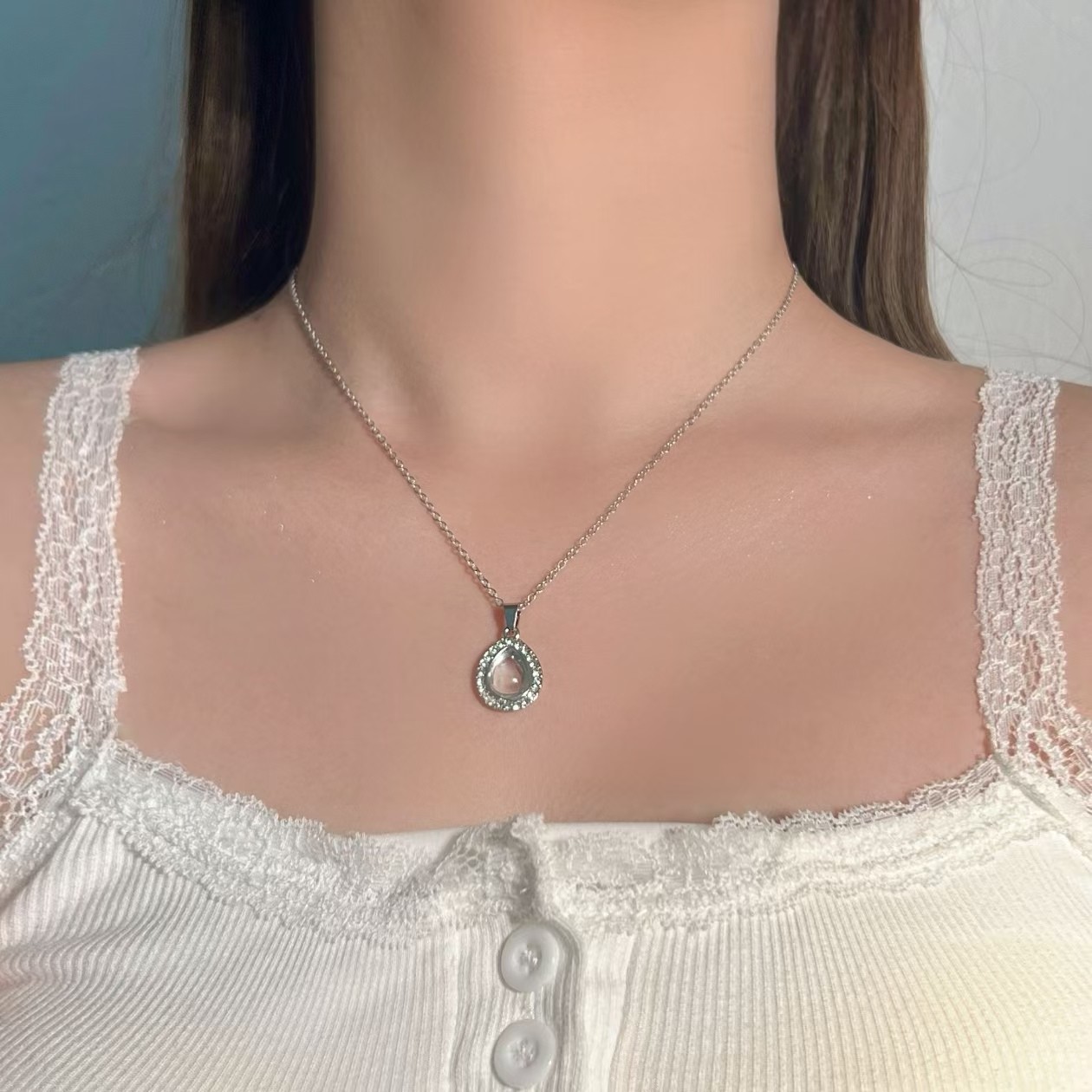 铜合金项链 几何日韩女水晶轻奢白色经典温婉风0151