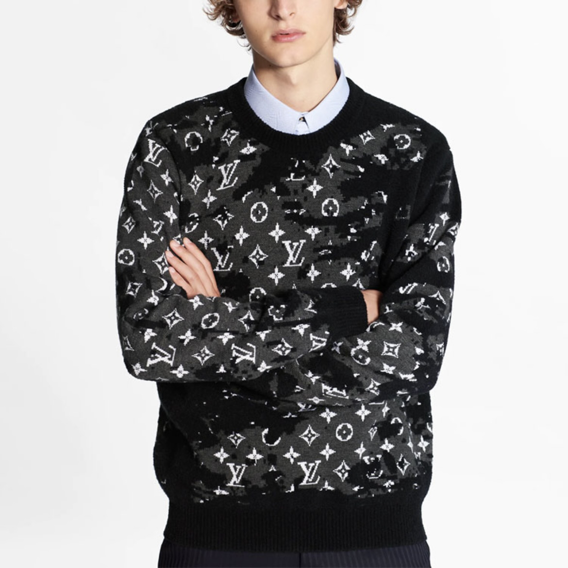99新 LouisVuitton/路易威登 1245/拼色满印绵羊毛针织衫/S/98新