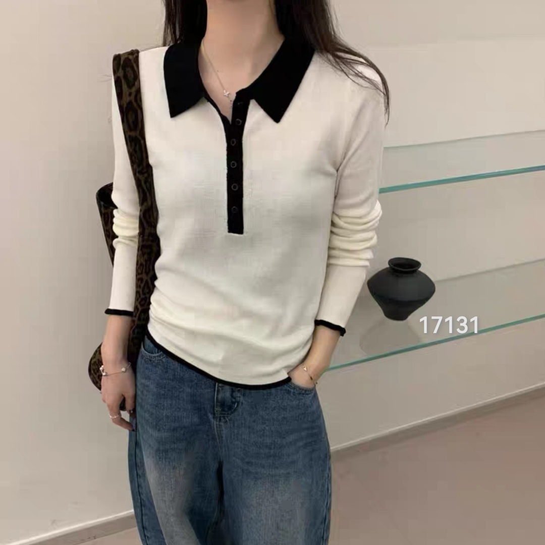 17131（部分无水洗唛，介意慎拍）WANGDAN新款翻领撞色针织衫