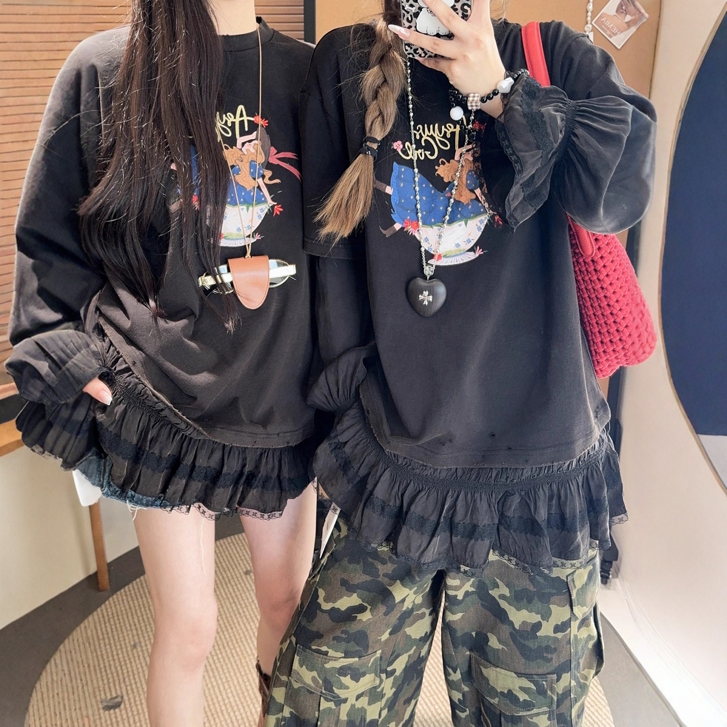 现货【ASY女孩蕾丝裙摆T恤】2025秋新品印花拼接假两件长袖上衣